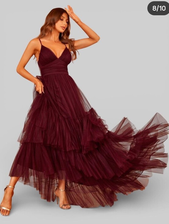 Dresses & Skirts - Burgundy Tiered Tulle Maxi Dress - Womens
